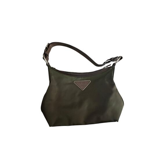 Prada Women khaki Green Brown Leather Trim silver Nylon Hobo Shoulder Bag purse - Picture 8 of 16